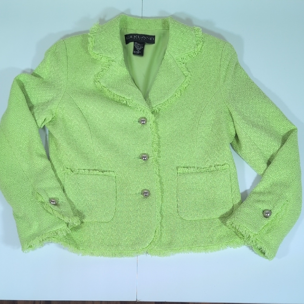 SilkLand Vibrant Green Frayed Vintage Blazer Size 10P